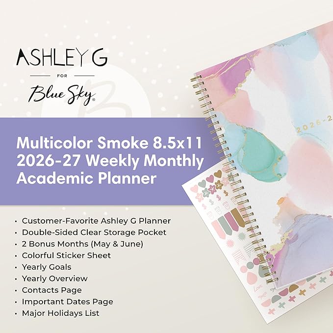 Blue Sky Ashley G 2026-2027 Weekly and Monthly Academic Year Planner Calendar, July 2026 - June 2027, 8.5" x 11", Flexible Cover, Wirebound, Laminated Tabs, Storage Pocket, Includes Sticker Sheet, Multi Color Smoke