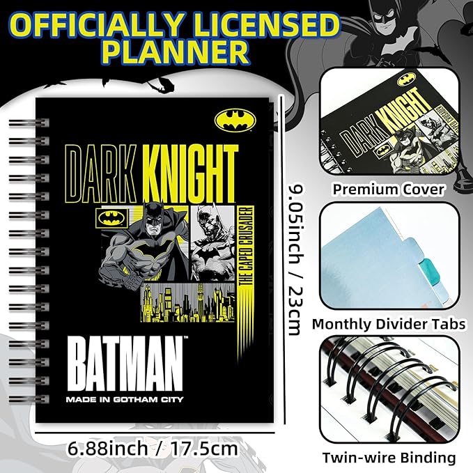 Batman 2026 Planner – Superhero Undated Daily Weekly & Monthly Planner with Calendar & Holiday Tracker, Monthly Tabs, Habit Tracker, 12 Months Spiral Agenda Book for Office School Gift Supplies