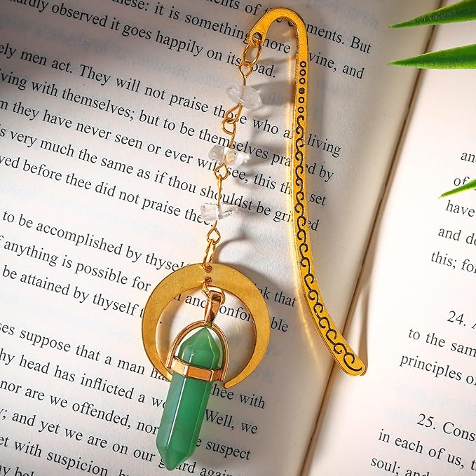 Vintage Metal Bookmark Pendant with Natural Crystal Stones Green Aventurine Bead Chain–Elegant Moon Bookmarks for Women,Men,Book Lovers,Teachers and Girls(Green Jade)