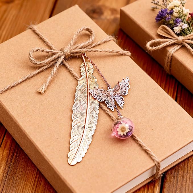 Teacher Retirement Gifts - Metal Feather Bookmark with 3D Butterfly & Real Dried Flower Pendant - Bookmark for Women & Book Lovers Under 10 Dollars - Gift Box Included