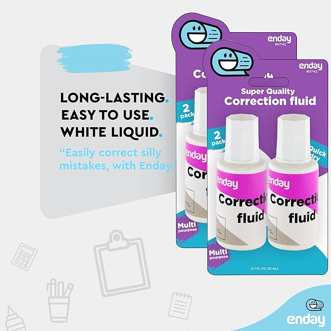 Enday Liquid Correction Fluid, .7 fl. Oz. / 20 ml Foam Wand Applicator Quick Dry Liquid Paper, Multi-Purpose Smooth Corrector for Office, and Home, 4 Pack