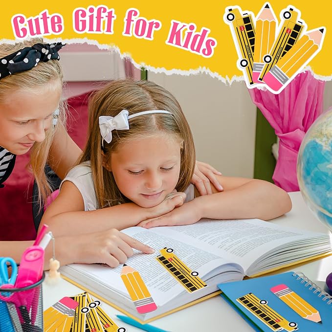 Eersida 48 Pieces Bookmarks Bulk for Kids 2 Styles Classroom Book Marks Cute Book Marks School Bus and Pencil Pattern for Students Back to School Gift Teacher Rewards Prizes First Day Party Favors