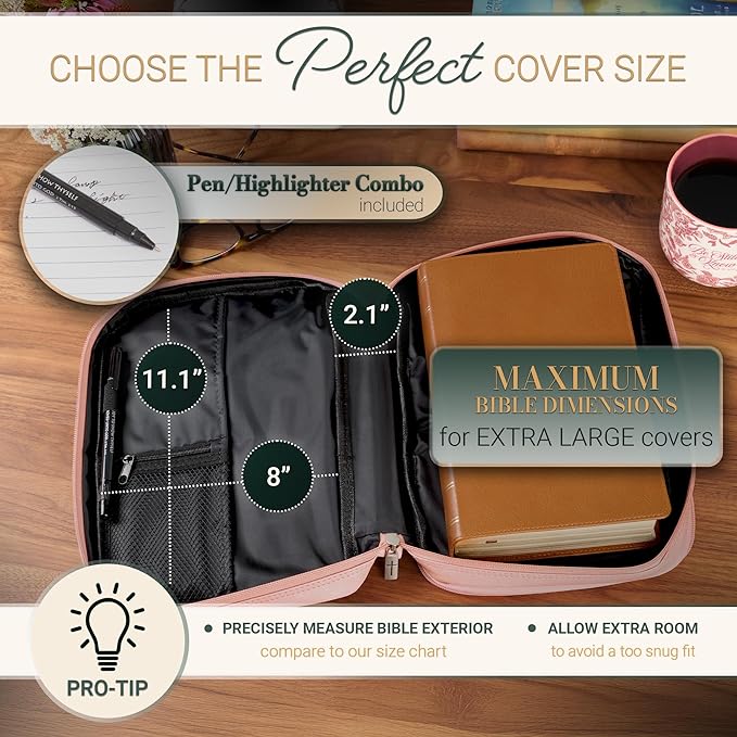 Christian Art Gifts Inspirational Vegan Leather Two-fold Organizer Bible Cover for Women, Jesus Fish Badge, Sturdy Carry Handle, Pen Loops, Pockets, Pen/Highlighter Combo & Notepad, Pink, XL