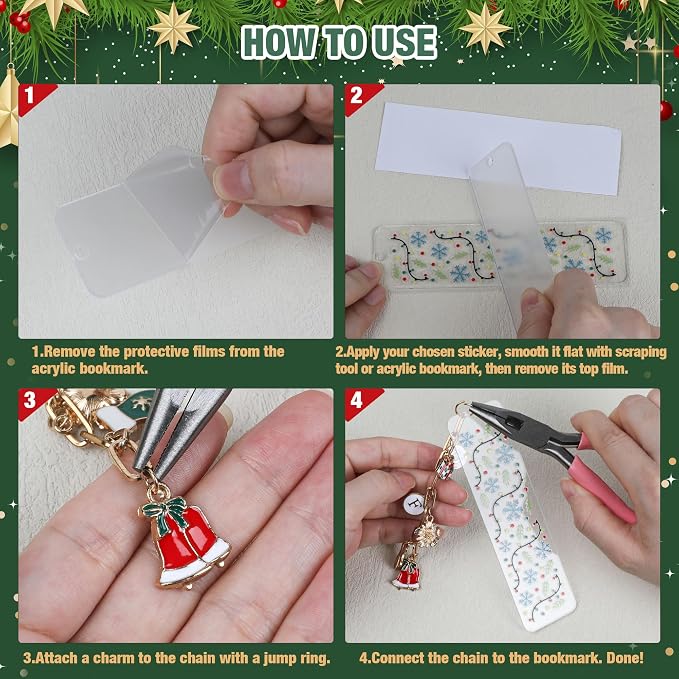 245PCS Acrylic Bookmark Blanks(2mm) Thicken 12 DIY Bookmark Making 15 Christmas UV DTF Sticker 76 Christmas Charms 12 Extender Chains and 130 Jump Ring Suitable for DIY Crafts Gifts