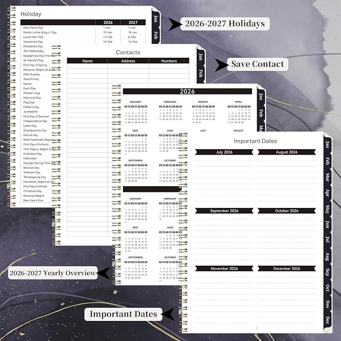 2026-2027 Planner, 12 Months Monthly & Weekly Daily Planner July 2026 - June 2027, 8.5" x 6.2" Hardcover Agenda Organizer with Tabs, Spiral Bound Calendar Notebook for School Work Home, Floral Design (Black & Gilded)