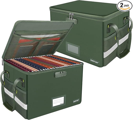 ENGPOW File Box with Lock, Fireproof Document Box with Pockets, Collapsible File Organizer Filing Storage Cabinet with Handle, Portable Home Office Safe for Hanging Letter/Legal Folders,Green,2 Pack