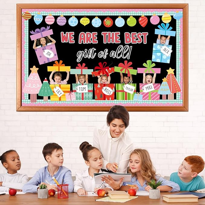 Christmas Bulletin Board Set Christmas DIY Photo Craft Gift Boxes Bulletin Board Decoration We are The Best Gift of All Cutouts for Xmas Holiday Preschool Classroom Chalkboard Wall Door Decor
