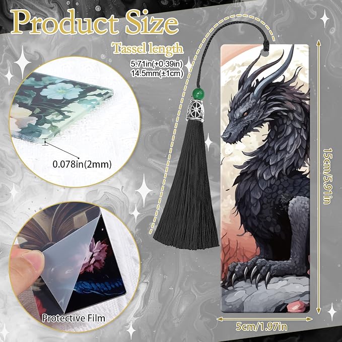 Dragon Acrylic Bookmarks Gifts - 6 Pcs Fantasy Bookmarks with Tassels Cool Romantasy Book Marks Page Marker Clip Gift for Men Women Book Lover Teacher Student Bookish Bookworms Reading