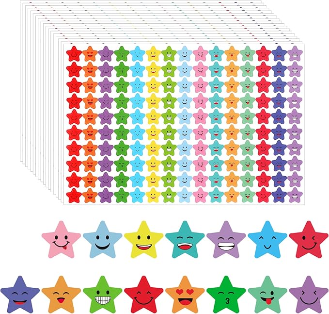 JANYUN 6750Pcs Star Stickers 15 Designs Happy Smile Face Students Reward Chart Behavior Labels for DIY Crafts Scrapbooking School Office Supplies