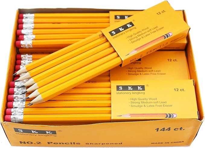 SKKSTATIONERY Pre-sharpened pencils, Pencils Sharpened with eraser top, 2 HB pencil, Back to school, 144/box.
