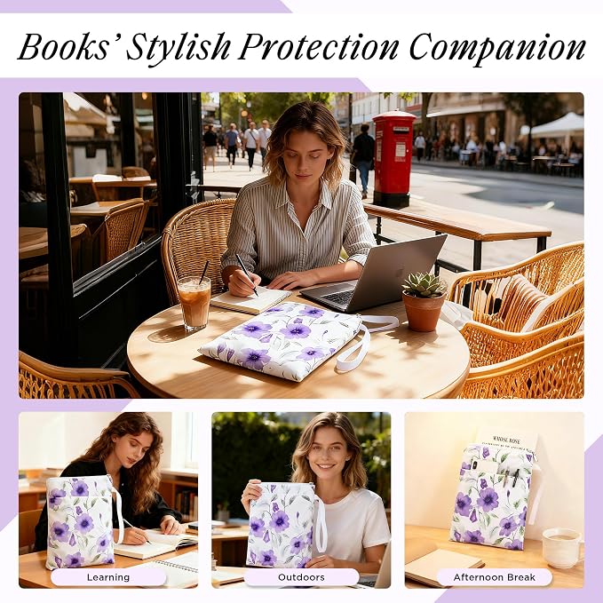 Book Sleeve with Zipper, 11''x 9'' Waterproof Paperback Sleeve for Book Lovers Books Pouch Cover with Handle for Hardcovers Kindle Sleeve for Reader Teacher Women (Purple flower, 11x 9 inch)