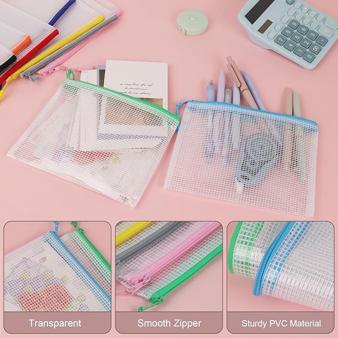 MultiBey 20 Pack 10 Colors Mesh Zipper Pouch Bags, 7.5 x 5.9 inch B6 Waterproof Plastic Zipper Pouches for Organizing, Small Mesh Bags with Zipper for School Office Home Travel Storage