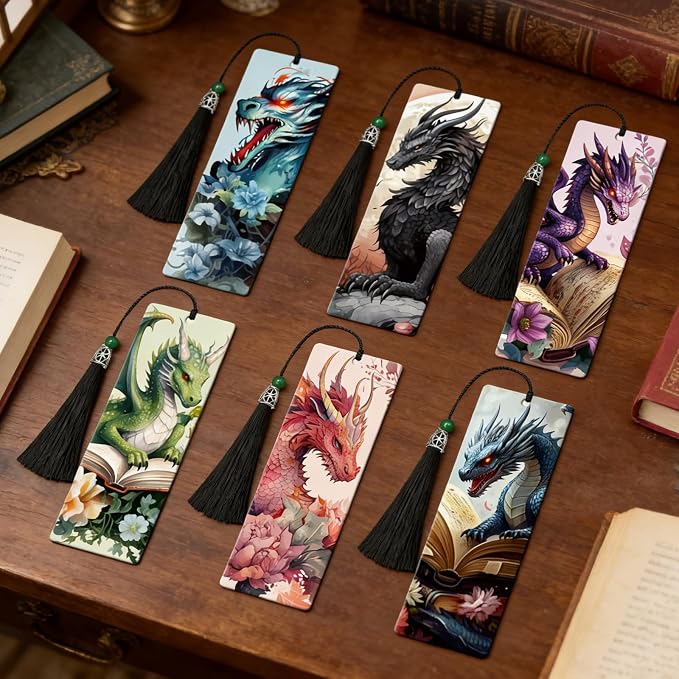 Dragon Acrylic Bookmarks Gifts - 6 Pcs Fantasy Bookmarks with Tassels Cool Romantasy Book Marks Page Marker Clip Gift for Men Women Book Lover Teacher Student Bookish Bookworms Reading
