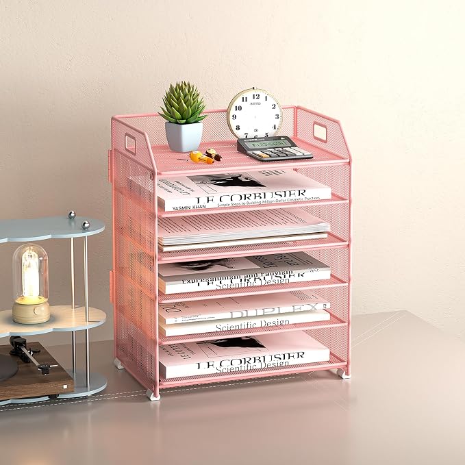 6 Trays Paper Organizer Letter Tray with Pull-Out Drawer, Assembled Mesh Desk File Holder, Metal Paper Sorter for Office Documents, Pink
