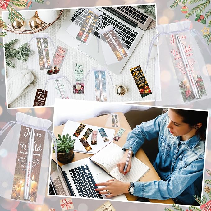 Dispowreath 24 Pcs/12 Sets Christmas Joy to the World Gift, Include 12 Xmas Luke 2: 10 Bookmark 12 Bible Verse Ballpoint Pen for Christmas Church Prizes Party Favors