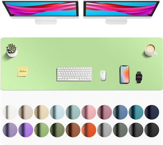 Aothia Faux Leather Desk Mat - Non-Slip PU Leather Desk Blotter, Waterproof Writing Surface, Large Desk Pad for Office & Home (Foam Green, 55" x 17")