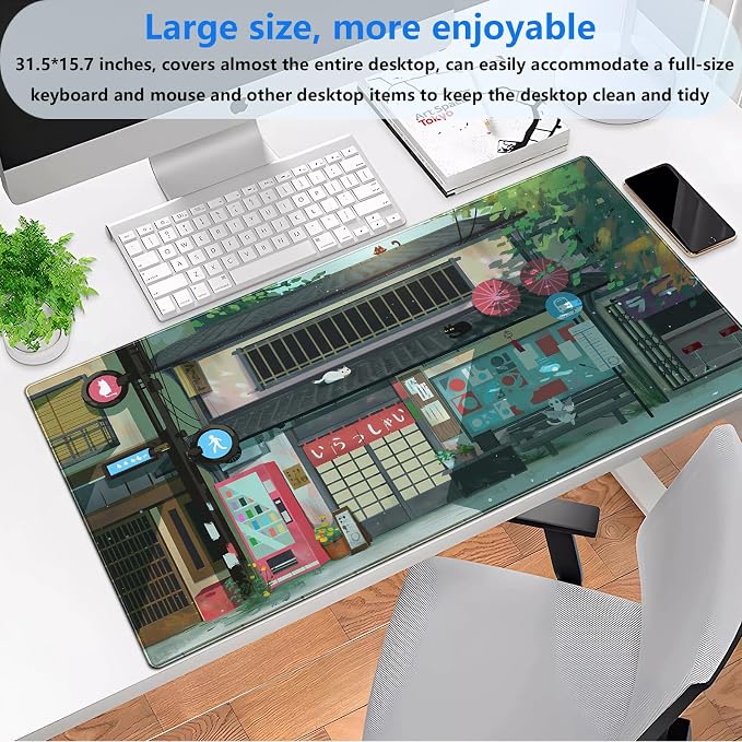 Kawaii Anime Cat Gaming Desk Mat Pad, Vibrant Green, XL 31.5"x15.7" | Mouse & Keyboard Pad, Stitched Edge, For Home Office & Computer Gaming Setup