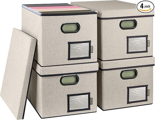 BALEINE File Organizer Box with Lid, Collapsible File Folder Organizer with Plastic Slide, Filing Box for Office Home Document Organizer Storage (Beige, 4PK)