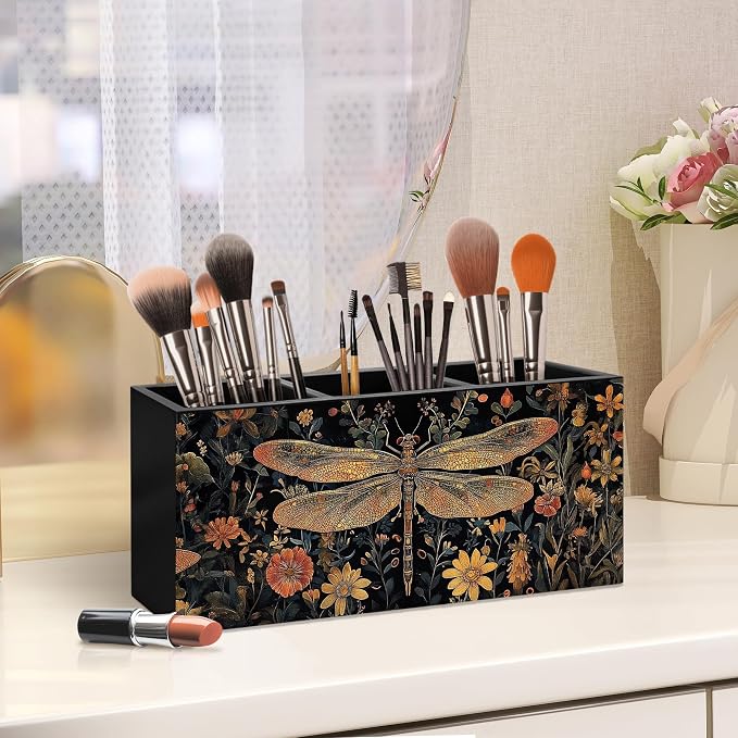 Dark Academia Dragonfly Floral Pen Holder, Vintage Moody Office Pen Pencil Holder Organizer for Desk Accessories, Whimsical Insect Wooden Box Desk Decor for Home Office Desk Decorations