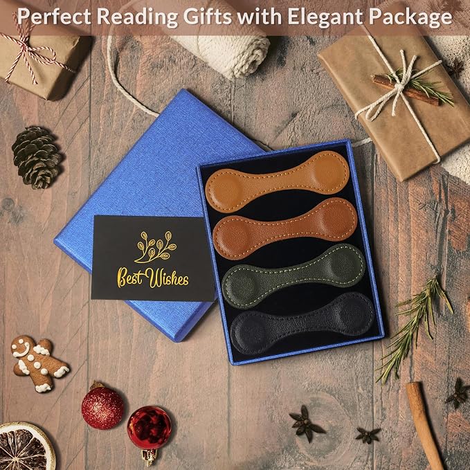 4 PCS Magnetic Leather Bookmarks for Teacher Appreciation Gifts, Timeless Magnetic Book Marks for Reading Women, Men, Book Lovers with Elegant Gift Box(Light Brown, Dark Brown, Vintage Green, Black)