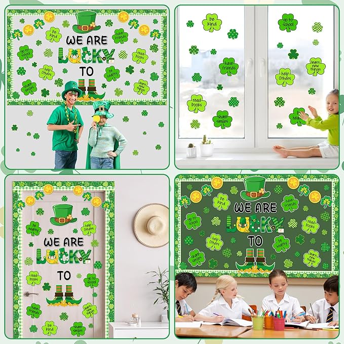 St. Patrick's Day Bulletin Board Set Inspirational Shamrock Classroom Decoration Lucky Shamrock Bulletin Board Leprechaun Gold Coin Cutouts for Irish Holiday Classroom Nursery Chalkboard Wall Decor