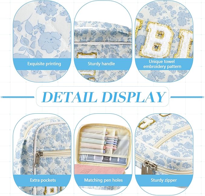 Sinload Quilted Bible Cover Case for Women Large Carrying Bag with Organizer Tabs 6 Colored Pens 6 Highlighters Book Tote Bags with Handle Bible Carry Supplies Christian Gifts(Blue Floral)