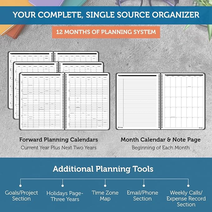 Planner Pad Spiral Bound January-December 2026/ Calender Year 6 3/4" x 8 1/2" Medium 3-Tier Funnel Down 12 Month Organizer, Black Cover/Black Ink