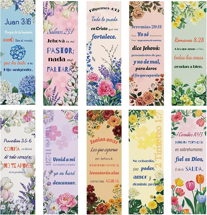 100 Spanish Bible Verse Bookmarks, 10 Inspirational Scripture Designs – Double-Sided Christian Bookmarks for Women Men, Religious Gifts for Book Lovers, Church, Prayer & Study (Spanish Bible)