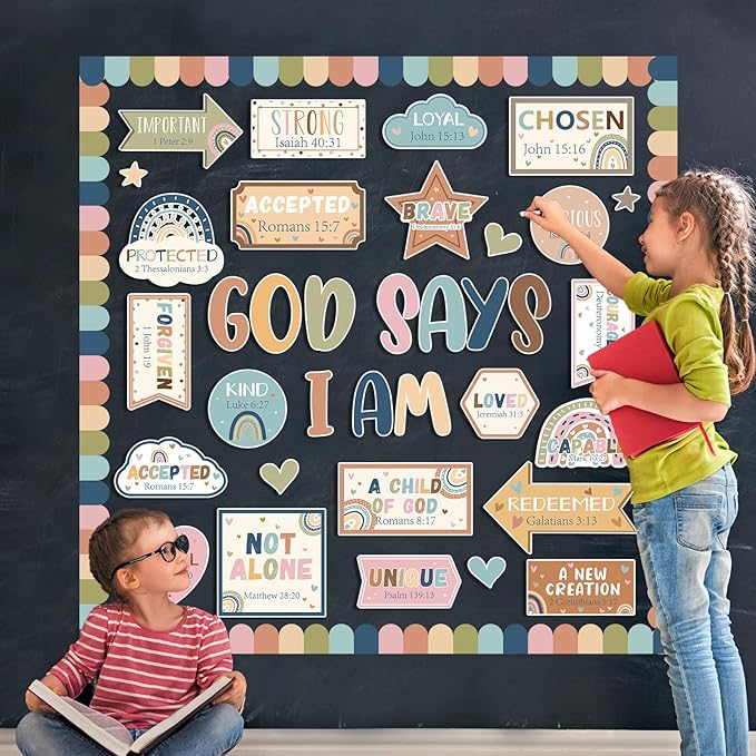 Christian Bulletin Board Decorations Classroom Motivational Bulletin Board for Welcome Back Boho Rainbow God Says I Am Cutout Inspirational Religious Wall Decors for Sunday School Home Church Supplies