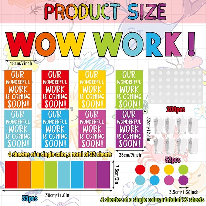Mooliwe 139 Pcs Student Work Display Bulletin Board Decoration Set Colorful Wow Works Cutouts with Clips Names Display Classroom Wall Decor for Teachers Back to School Supplies(Rainbow,Classic)