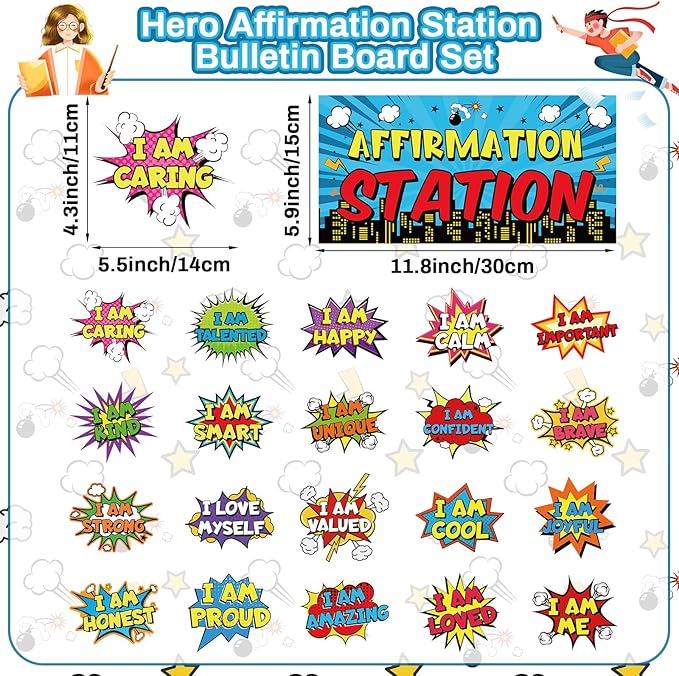 Hero Affirmation Station Bulletin Board Set Hero Positive Bulletin Board for Classroom Growth Mindset Decoration Inspirational Motivational Accent Cutouts for Home School Teacher Wall Mirror Supply