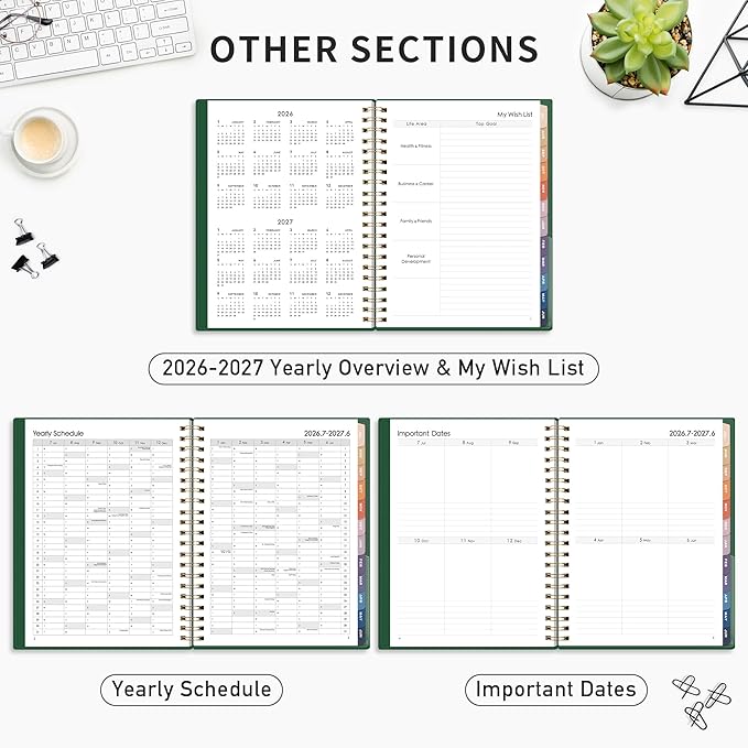 RETTACY Academic Planner 2026-2027, Weekly and Monthly, July 2026 - June 2027, Large Size (8.5" x 11"), Calendar, Agenda, 12-Month Tabs, for Student, Teacher, School (Dark Green)