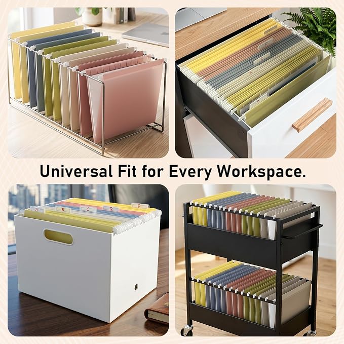 10 Pack Plastic Hanging File Folders, Letter Size (8.5"x11"), Assorted Colors with 1/5-Cut Tabs. Includes 10 Transparent Label Cards & 10 Sticker Labels – Perfect for Office & Filing Cabinets