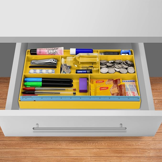 Acrimet Desk Drawer Organizer Tray with 8 Compartments – Multi-Purpose Bin for Office Supplies, Makeup, and Accessories – Fits inside Drawers or Desktops, 12.75" x 8" x 1.06" (Plastic) (Yellow Color)