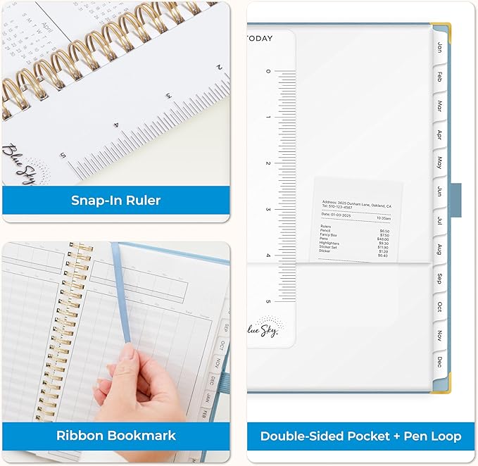 Blue Sky 2026 Weekly and Monthly Planner Calendar, January 2026 - December 2026, 5" x 8", Faux Leather Cover, Durable Twin Wire Binding, Storage Pocket, Laminated Tabs, Includes Pen Loop, Bungee, Ruler, Blue Haze