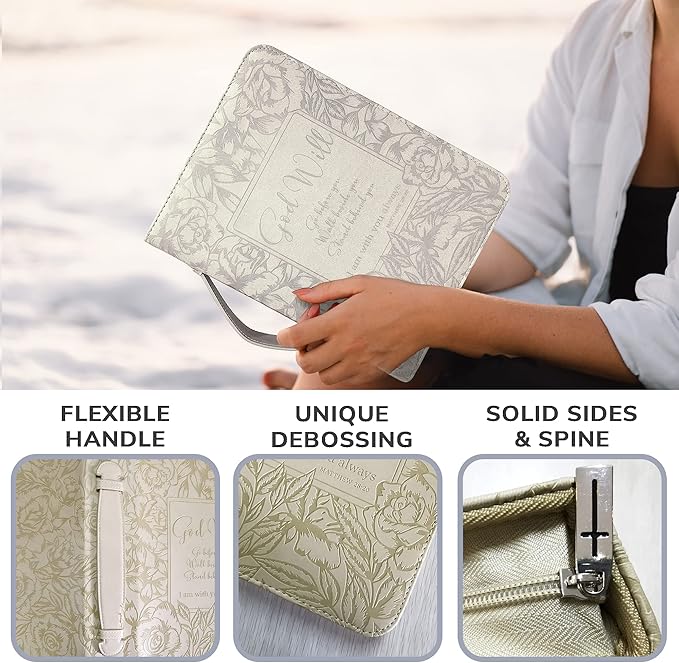 DEHITE Bible Cases for Woman — Leather Bible Covers for Women — Carrying Bag for Woman — Pen Slots — Zippered Pocket — Premium Faux Leather Holder — Christian Floral Accessories