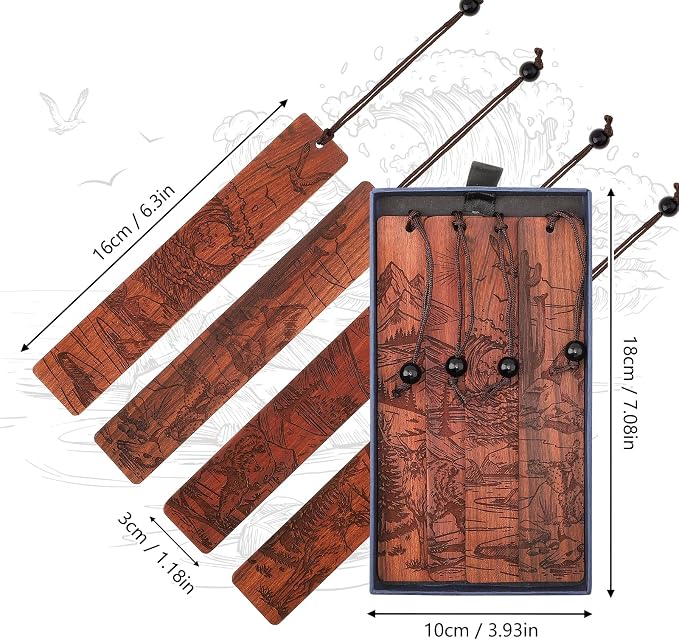 4Pcs Wood Bookmark for Men Father's Day, Adventure Scenery Wooden Carving Book Mark Gift for Men Boy Book Lovers