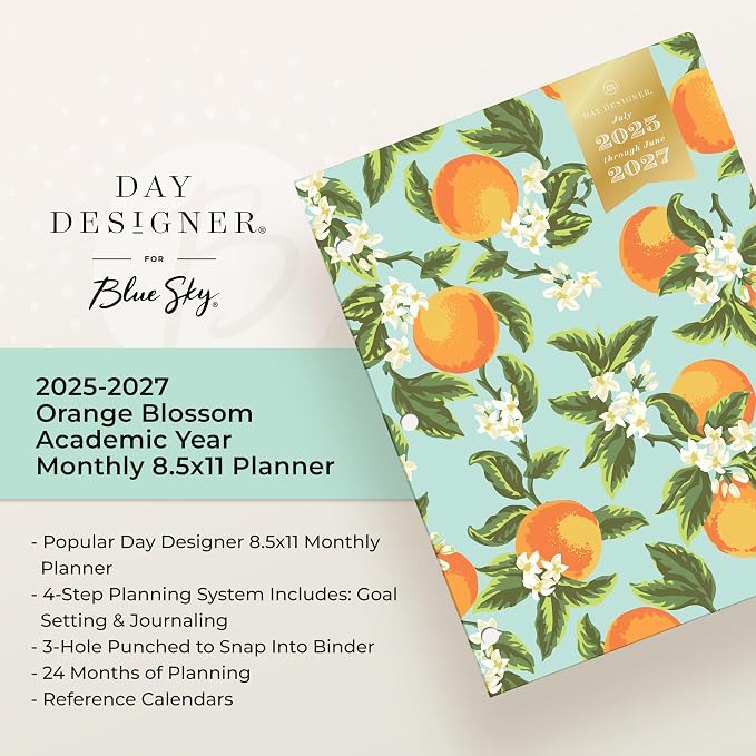 Blue Sky Day Designer 2025-2026 Monthly Academic Year 24 Month Planner Calendar, July 2025 - June 2027, 8.5" x 11", Flexible Cover, Stapled Binding, Orange Blossom Mint
