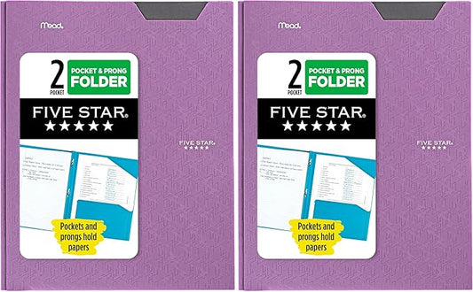 Five Star Folder, 2-Pocket, Prong Fasteners | Amethyst Purple | Pack of 2 | Stay-Put Design