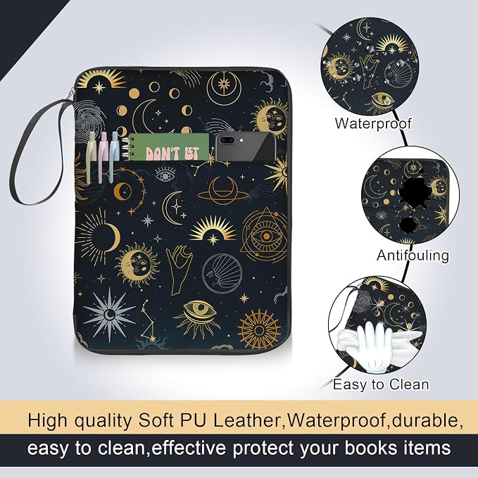 Sun and Moon Book Sleeve Cover, Mysterious Tarot Eye Protector Case With Zipper, PU Leather Waterproof Cover Bag, Portable Pouch for Paperback Hardcover Lovers Gifts