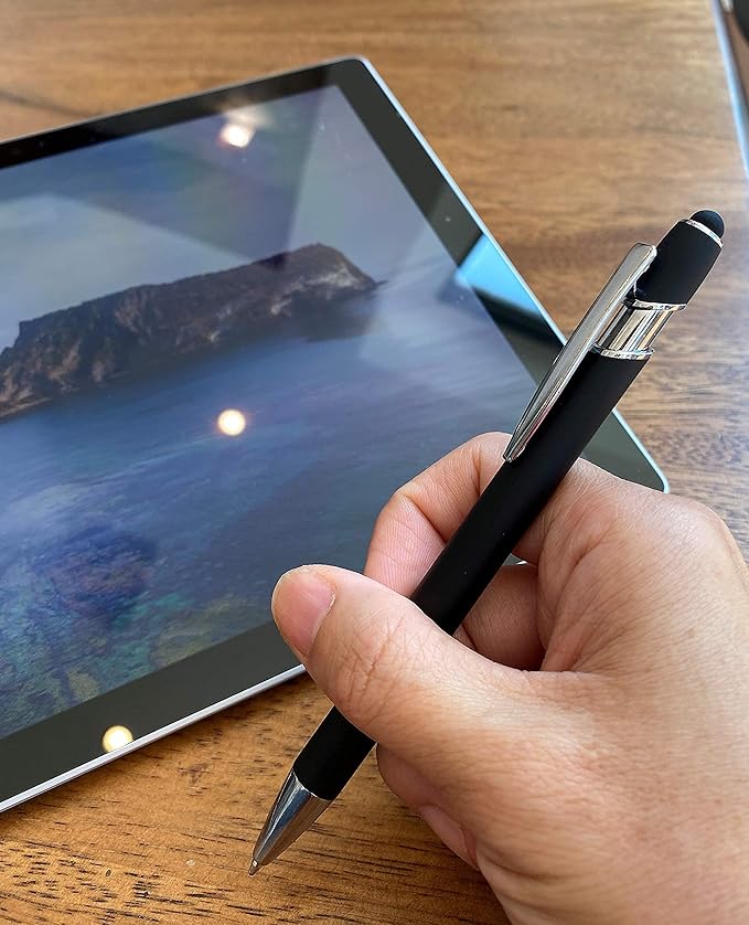 Lenden Pack of 5 Rubberized Comfort Soft Touch 2 in 1 Ballpoint Pen Capacitive Stylus Tip, Premium Metal Medium Point, Black Ink, Compatible with Most Touch Screens (Black)