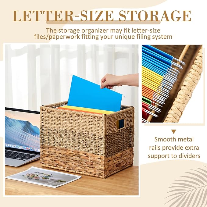 Jingmore Hanging File Box, Various Materials Collapsible Woven File Organizer for Letter Size Files, Portable Decorative Storage Basket with Handles for Home Office Decor