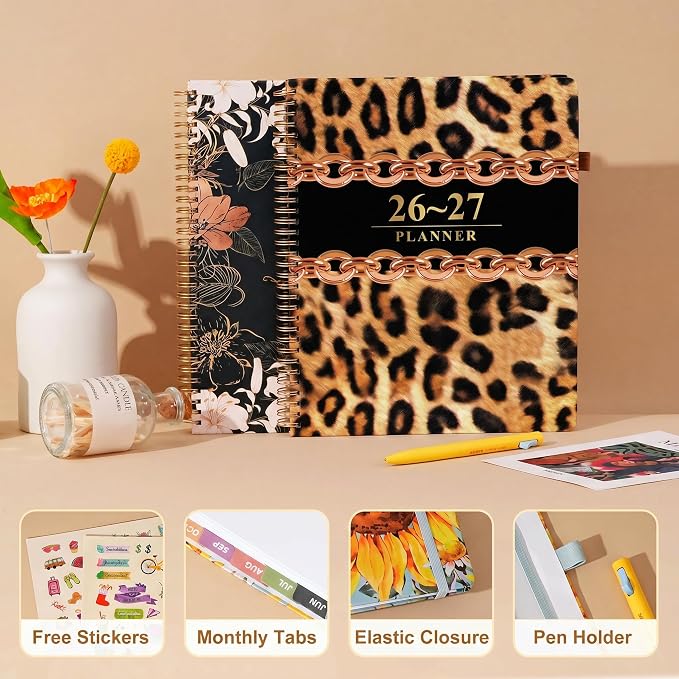 Planner 2026-2027 Weekly and Monthly 18 Month Daily Calendar Planners July 2026-Dec 2027 8.5 x 11 Yearly Hardcover Large Agenda with Stickers& Tabs for Women- Leopard