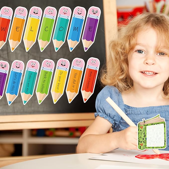 AnyDesign 49 Pcs Colorful Pencil Cut-Outs Back to School Cutouts Bulletin Board Decor with 100 Pcs Glue Points Pencil Name Tag Label for DIY Classroom Kindergarten First Day of School Decor