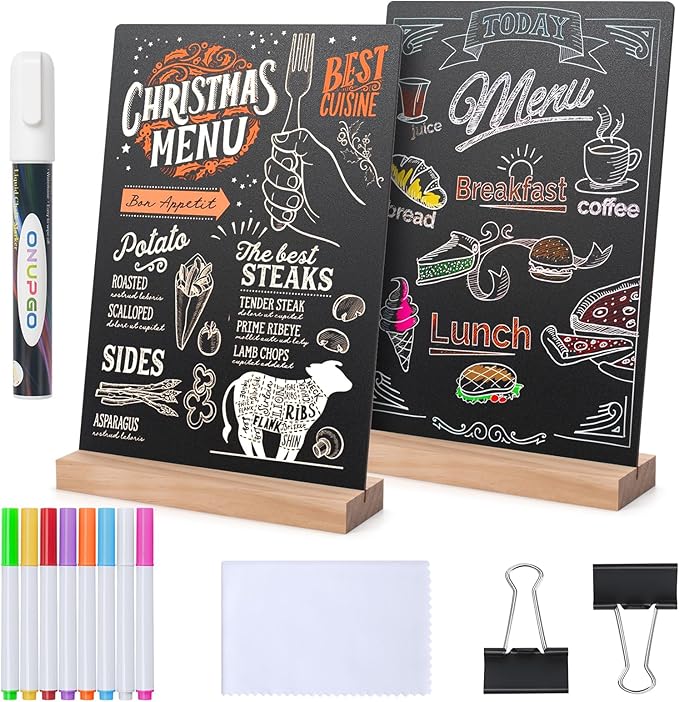 ONUPGO 2 Pack Tabletop Chalkboard Sign with Base Stand, 8 x12 Inch Menu Chalk Board Sign Store Food Signs, Message Boards for Party, Wedding, Tables Decoration, Bar and Restaurant