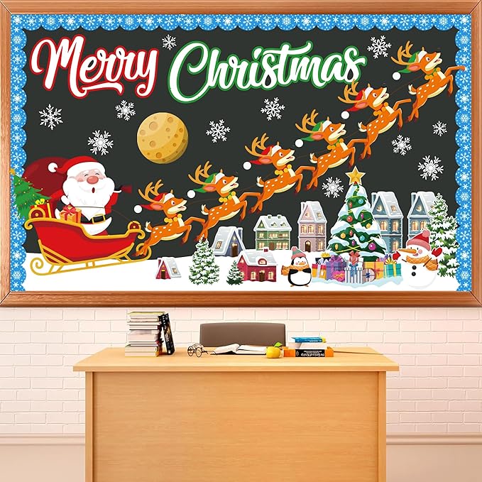 Pezutoi Christmas Bulletin Board Decoration Set Merry Christmas Santa Reindeer Xmas Elk Snowflakes for Winter Christmas Party Supplies School Chalkboard Wall Decor