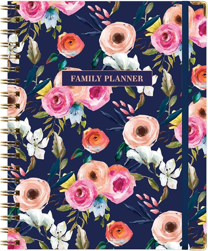 Undated Family Planner Organizer – 8.5" x 11" Weekly & Monthly Calendar for 5+ People, Meal Planning, Budgeting, Habit Tracker – Hardcover, Household Schedule Organizer for Parents, Kids, & Caregivers (Small Navy Floral)