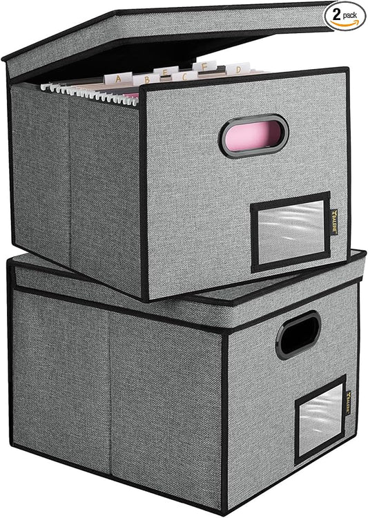 BALEINE File Organizer Box with Lid, Collapsible File Folder Organizer with Plastic Slide, Hanging File Folder Box for Office Document Storage (Tab Friendly, 2 Pack, Grey)