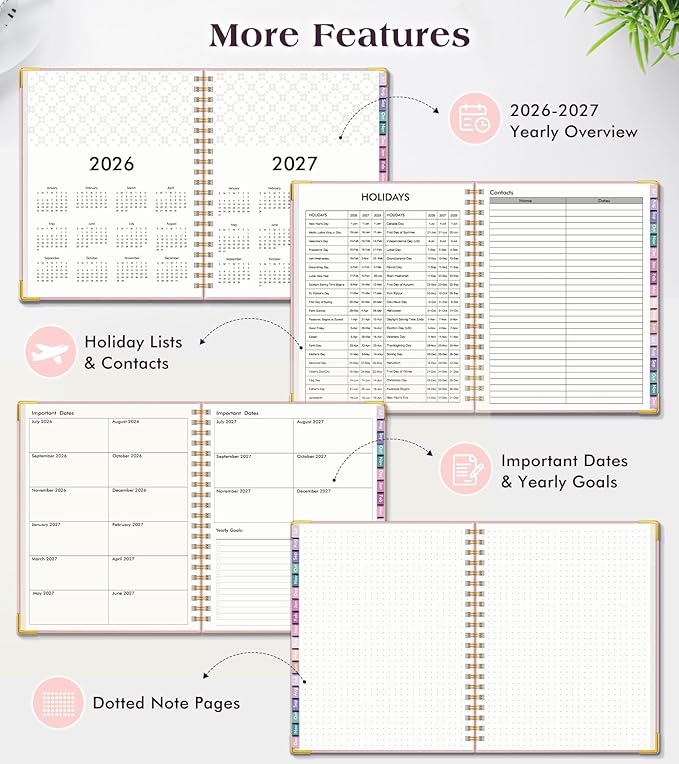 Academic Planner 2026-2027, 18 Months Weekly and Monthly Hardcover Planner, July 2026 - December 2027, 8.5" x 11" A4 Large Daily Calendar Planner Book with Tabs, Spiral College School Agenda Organizer for Student Teacher, Pink
