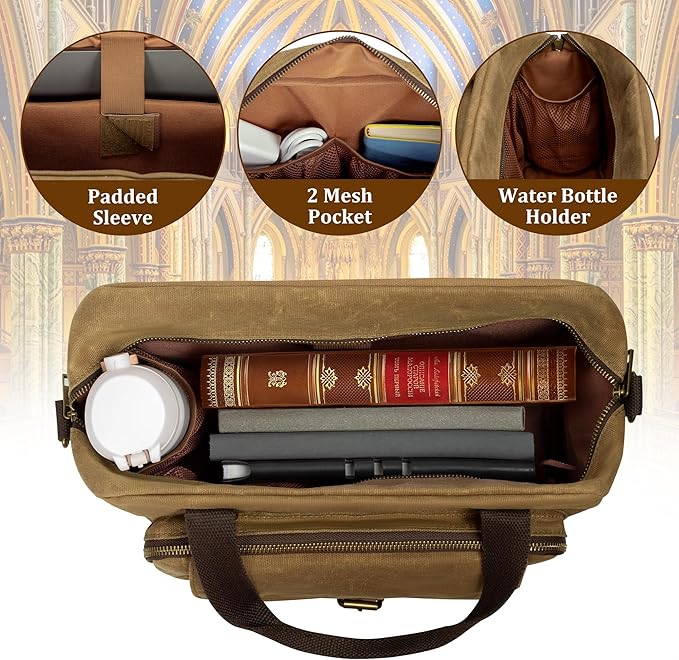 Damero Bible Tote Bag for Men, Large Bible Bag with Cup Holder, Waxed Canvas Church Bag Bible Cover Bag with Detachable Shoulder Strap